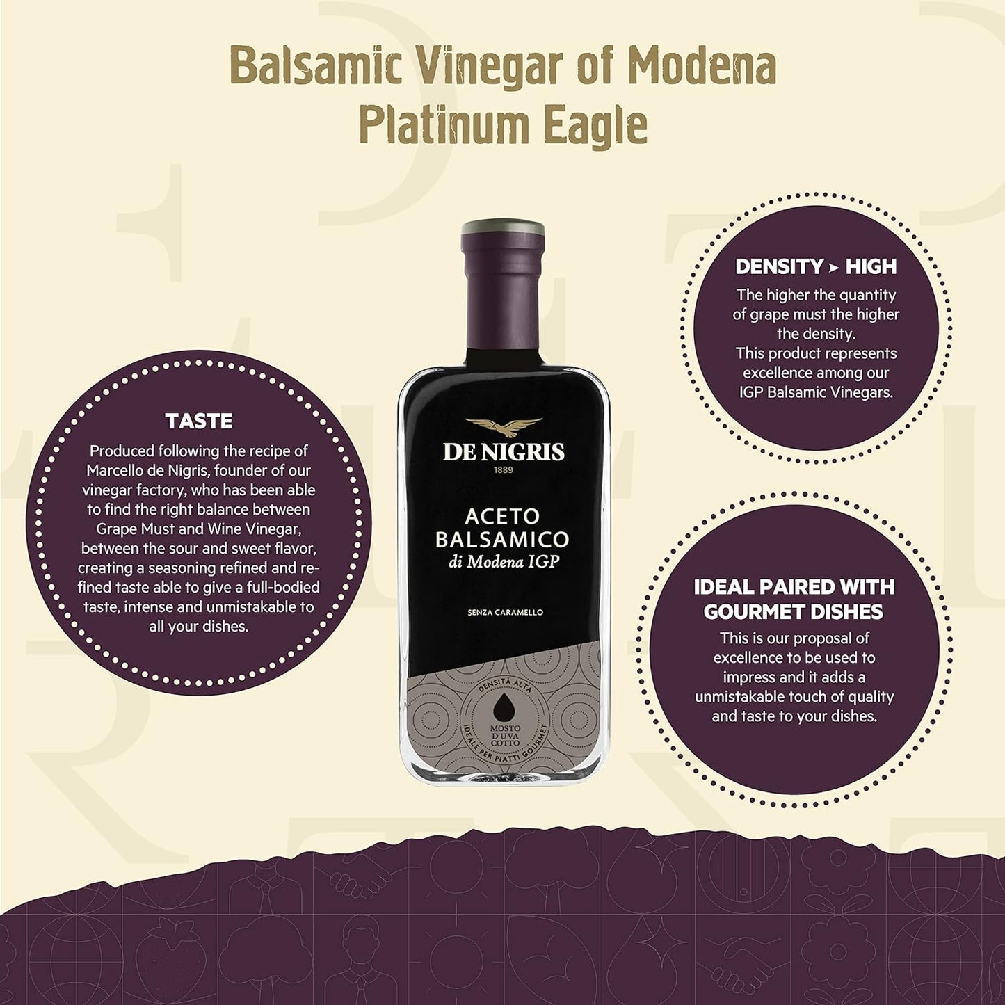 De Nigris Balsamic Vinegar Of Modena Excellence Line - Platinum Eagle (65% Grape Must) 8,5 Oz (250ml) | Balsamic Vinegar From Modena Italy, Sublime And Full-bodied Taste | Balsamic Vinegar Aged - Case 1