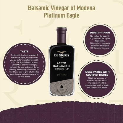 De Nigris Balsamic Vinegar Of Modena Excellence Line - Platinum Eagle (65% Grape Must) 8,5 Oz (250ml) | Balsamic Vinegar From Modena Italy, Sublime And Full-bodied Taste | Balsamic Vinegar Aged - Case 1