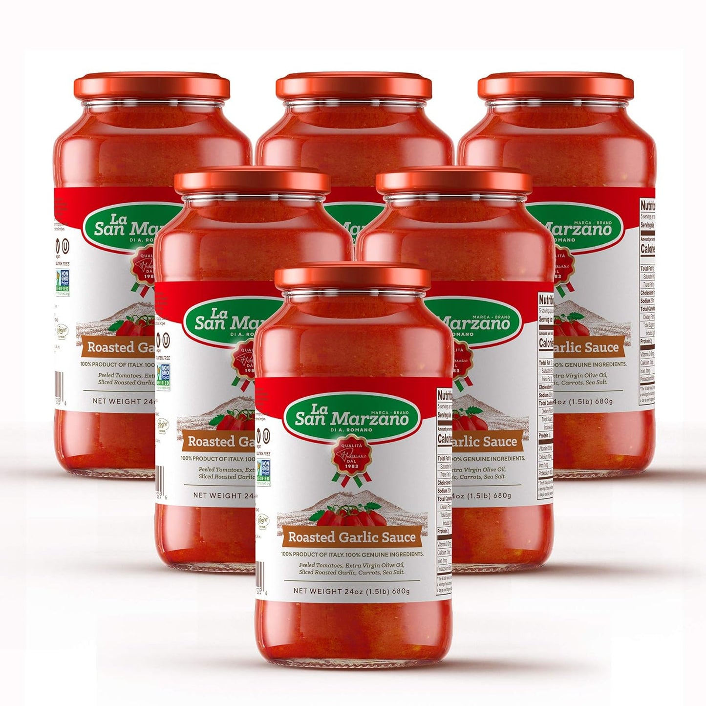 La San Marzano - Roasted Garlic Sauce - Pasta Sauce with 100% Italian Tomatoes Made in Italy - Peeled Tomatoes with Fresh and Natural Ingredients Non GMO Tomatoes, Vegan, Gluten Free, Kosher, Mediterranean Diet 24 Ounce Jar - 1 Case