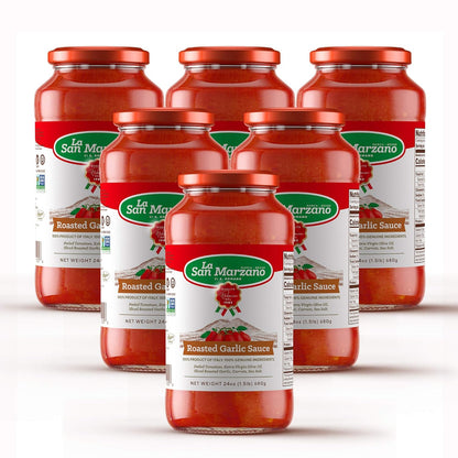 La San Marzano - Roasted Garlic Sauce - Pasta Sauce with 100% Italian Tomatoes Made in Italy - Peeled Tomatoes with Fresh and Natural Ingredients Non GMO Tomatoes, Vegan, Gluten Free, Kosher, Mediterranean Diet 24 Ounce Jar - 1 Case