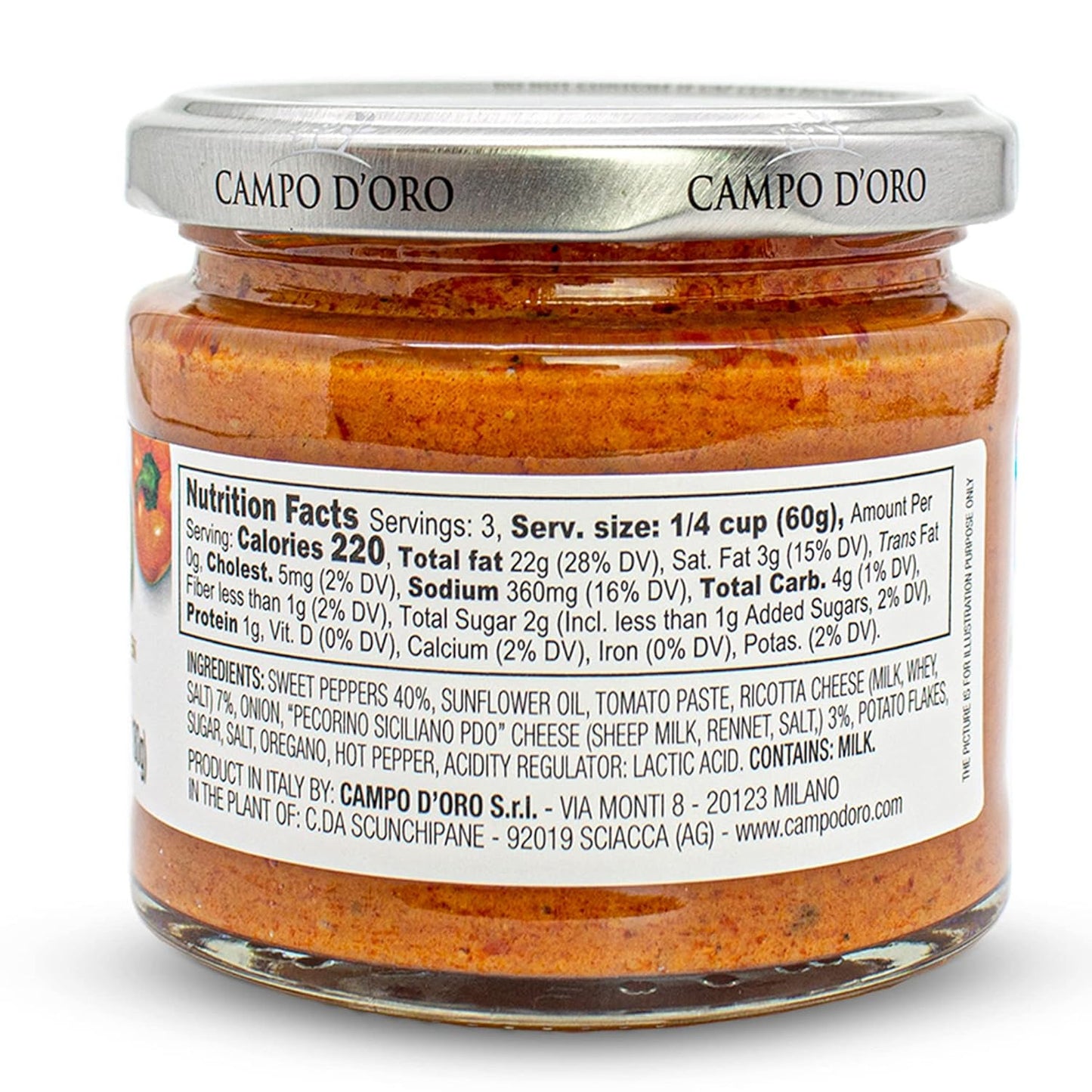 Sicilian Pepper Pesto with Ricotta and Pecorino, Glass Jar 6,3 oz. Campo D'Oro, Italian specialties. Sicilian ready sauce with Sicilian peppers, ricotta and Pecorino. 100% Made in Italy - 1 Case