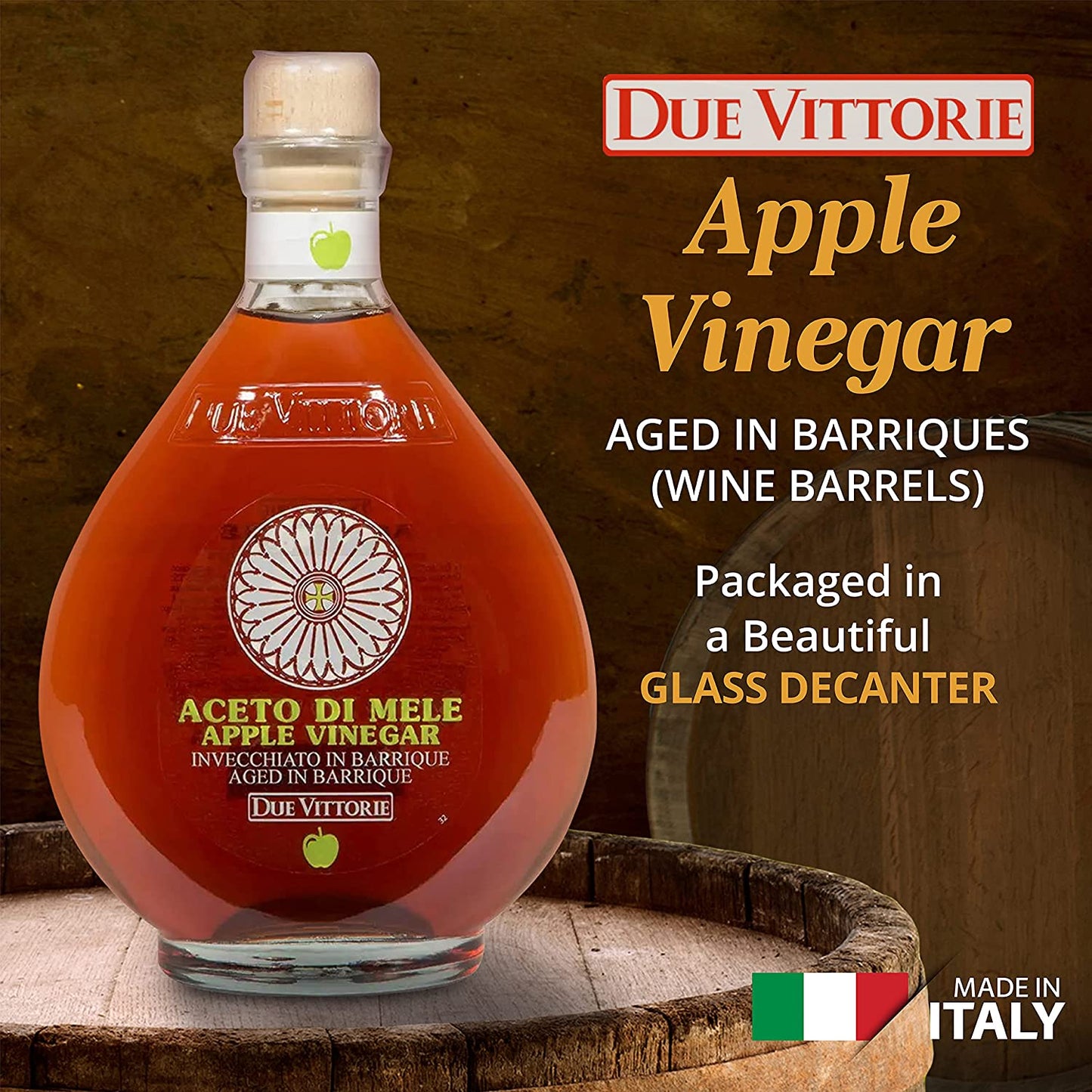 Due Vittorie Apple Vinegar - Easy to Drink Raw Apple Cider Vinegar Aged in Barrique Wine Barrels, Gourmet Vinegar for Cooking, Imported From Italy, All Natural - 16.9 fl oz / 500ml - Case 1