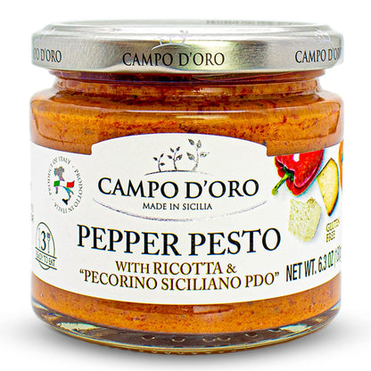 Sicilian Pepper Pesto with Ricotta and Pecorino, Glass Jar 6,3 oz. Campo D'Oro, Italian specialties. Sicilian ready sauce with Sicilian peppers, ricotta and Pecorino. 100% Made in Italy - 1 Case