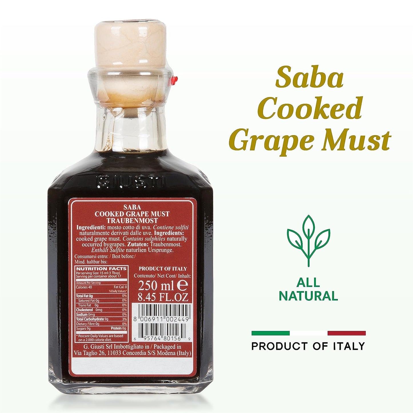 Giuseppe Giusti Saba - Italian Saba Cooked Grape Must Made in Modena, Italy - Gourmet Gift, Sweet and Fruity Flavor, 250ml - 1 Case