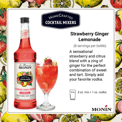 Monin - HomeCrafted Strawberry Ginger Lemonade Cocktail Mixer, Ready-to-Use Drink Mix, Refreshingly Sweet & Tart Flavor, Just Add Vodka, Perfect for Cocktails & Iced & Frozen Beverages (750 ml) - Case 1