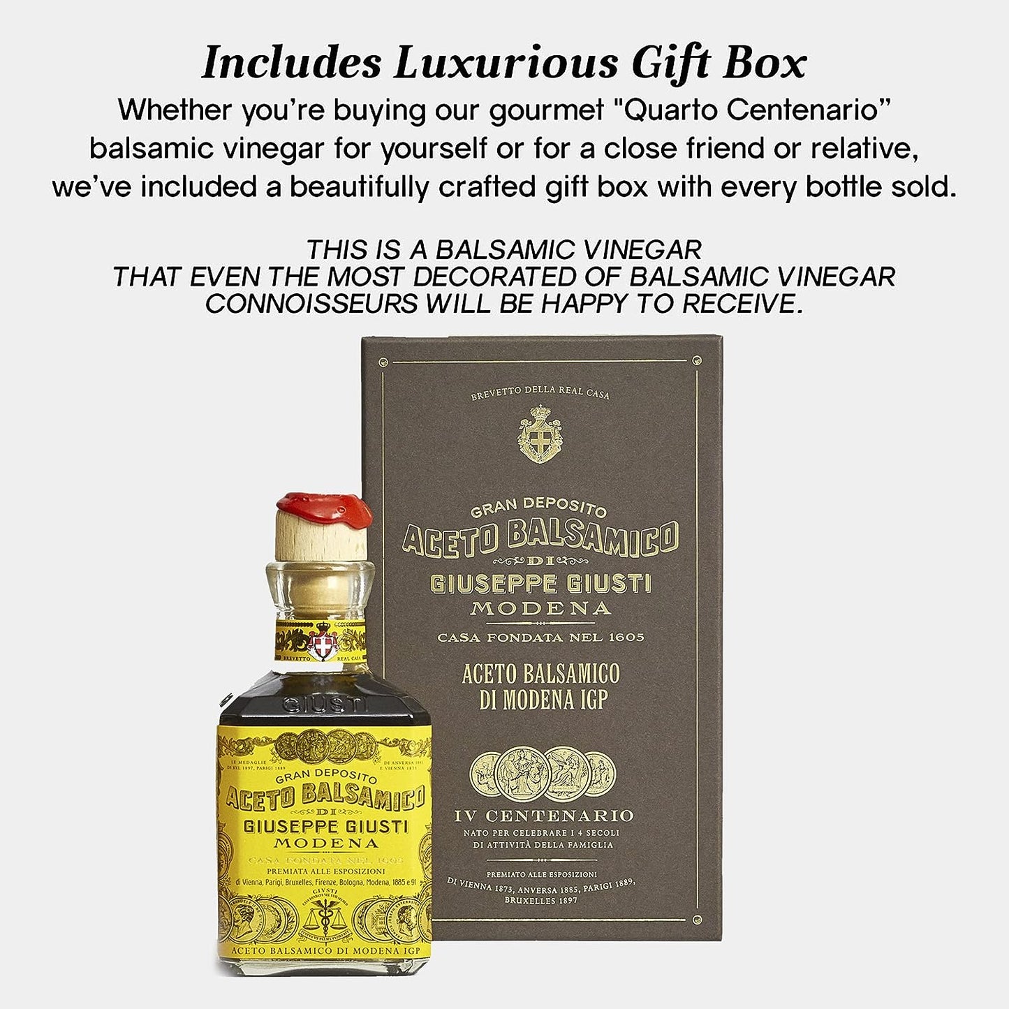 Giuseppe Giusti 4 Gold Medals "Quarto Centenario" Cubica Traditional Balsamic Vinegar of Modena IGP Aged Over 15 Years Old - 250ml - Includes Collector's Gift Box - 1 Case