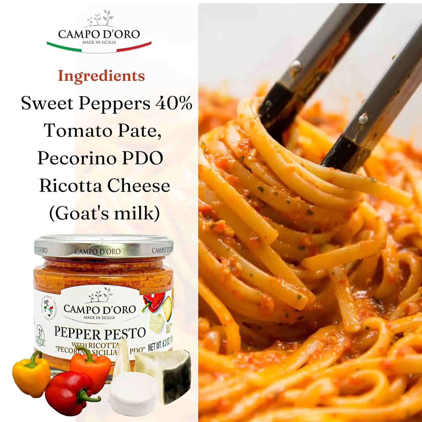 Sicilian Pepper Pesto with Ricotta and Pecorino, Glass Jar 6,3 oz. Campo D'Oro, Italian specialties. Sicilian ready sauce with Sicilian peppers, ricotta and Pecorino. 100% Made in Italy - 1 Case