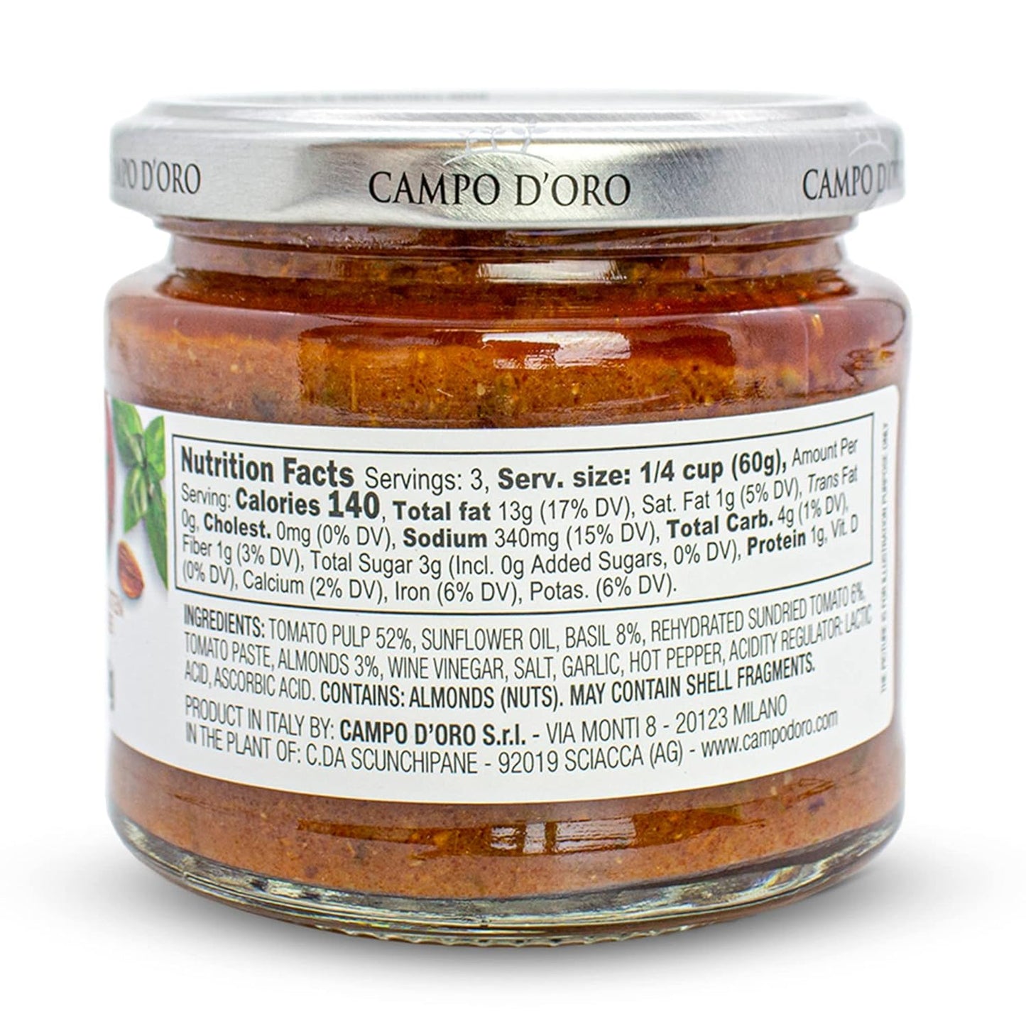 Trapanese Pesto Sauce, made with Tomato Sauce, Basil & Almonds. Italian Specialties. 6.3oz (180g). 100% made in Italy. By Campo D'Oro - 1 Case