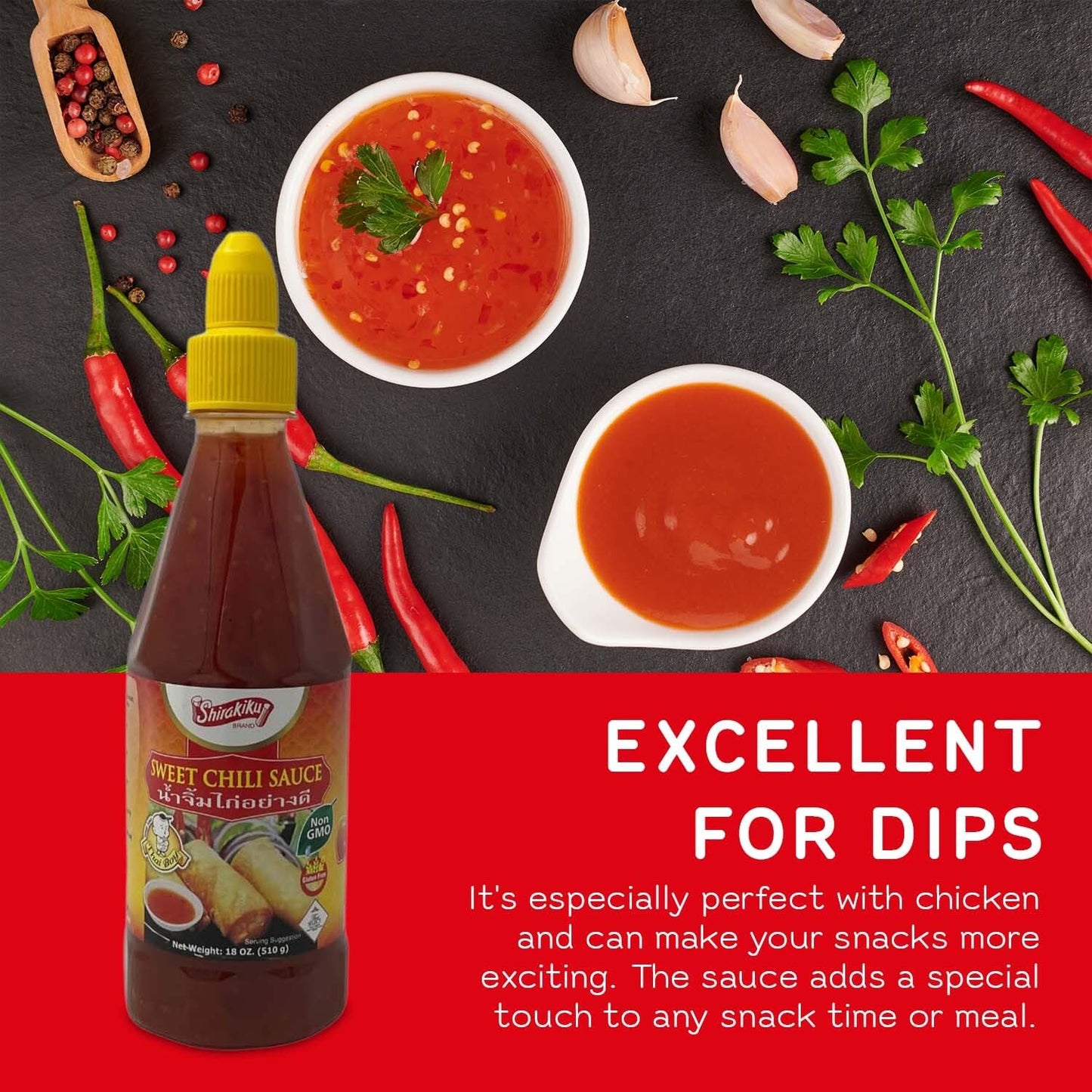 Shirakiku Sweet Chili Sauce - Non GMO Thai Sweet & Spicy Flavor Chili Sauce - Squeeze Bottle Sauce with Twist Cap - Ideal for Dipping, Marinades, BBQ, and Salad Dressings - 18 oz Case 1