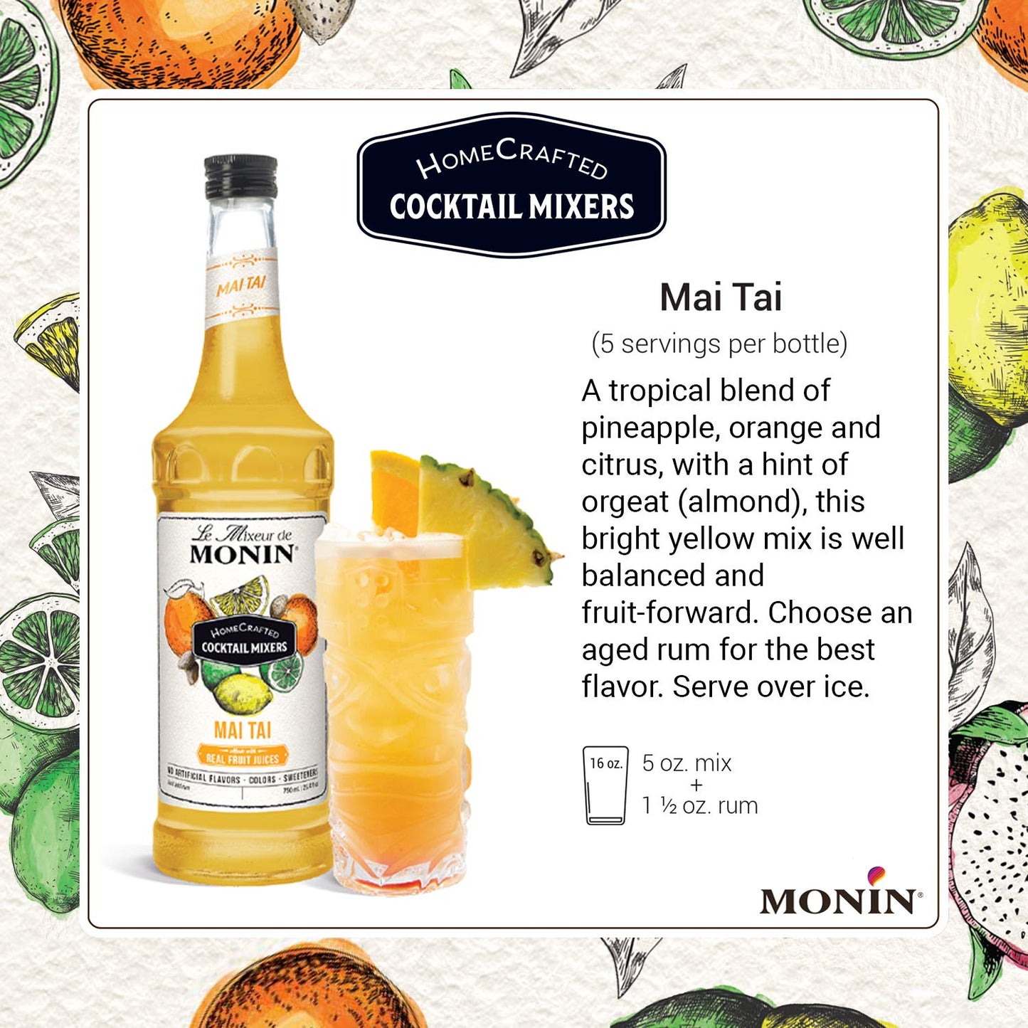 Monin - HomeCrafted Mai Tai Cocktail Mixer, Ready-to-Use Drink Mix, Tropical Blend of Pineapple & Orange, Made with Natural Flavors & Real Fruit Juice, DIY Cocktails, Just Add Rum (750 ml) - case 1