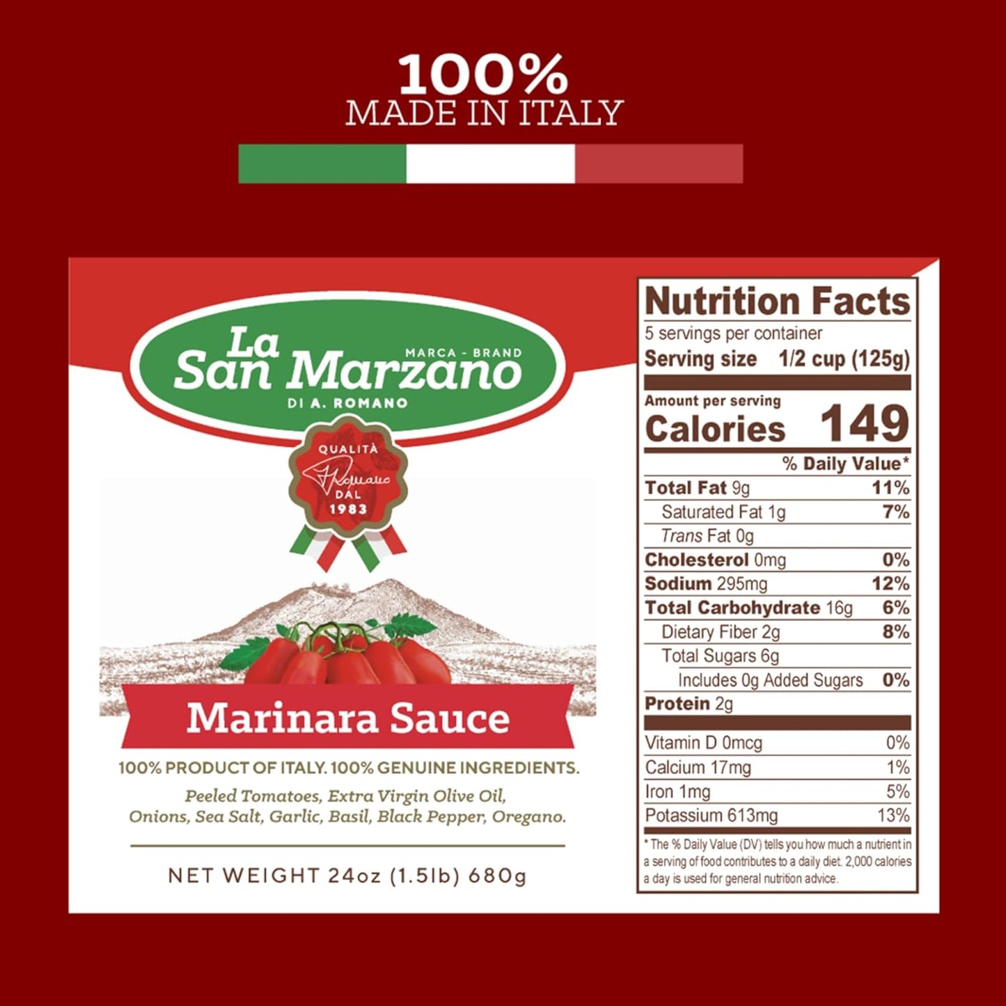 La San Marzano - Marinara Sauce - Pasta Sauce with 100% Italian Tomatoes Made in Italy - Peeled Tomatoes with Fresh and Natural Ingredients Non GMO Tomatoes, Vegan, Gluten Free, Kosher, Mediterranean Diet 24 Ounce Jar - 1 Case