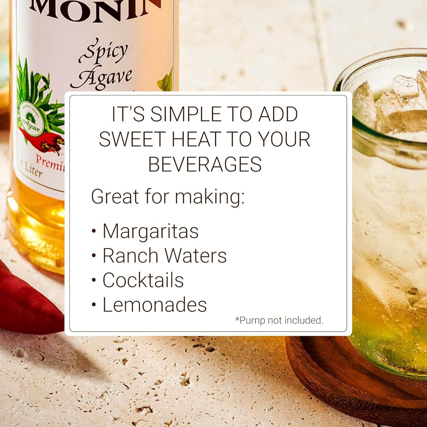 Monin - Spicy Agave Sweetener, Made with Organic Agave Nectar, Great for Margaritas, Ranch Waters, Lemonades, & Specialty Cocktails, No Artificial Ingredients, Gluten-Free, Non-GMO (1 Liter) - Case 1