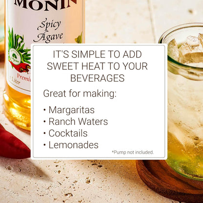 Monin - Spicy Agave Sweetener, Made with Organic Agave Nectar, Great for Margaritas, Ranch Waters, Lemonades, & Specialty Cocktails, No Artificial Ingredients, Gluten-Free, Non-GMO (1 Liter) - Case 1