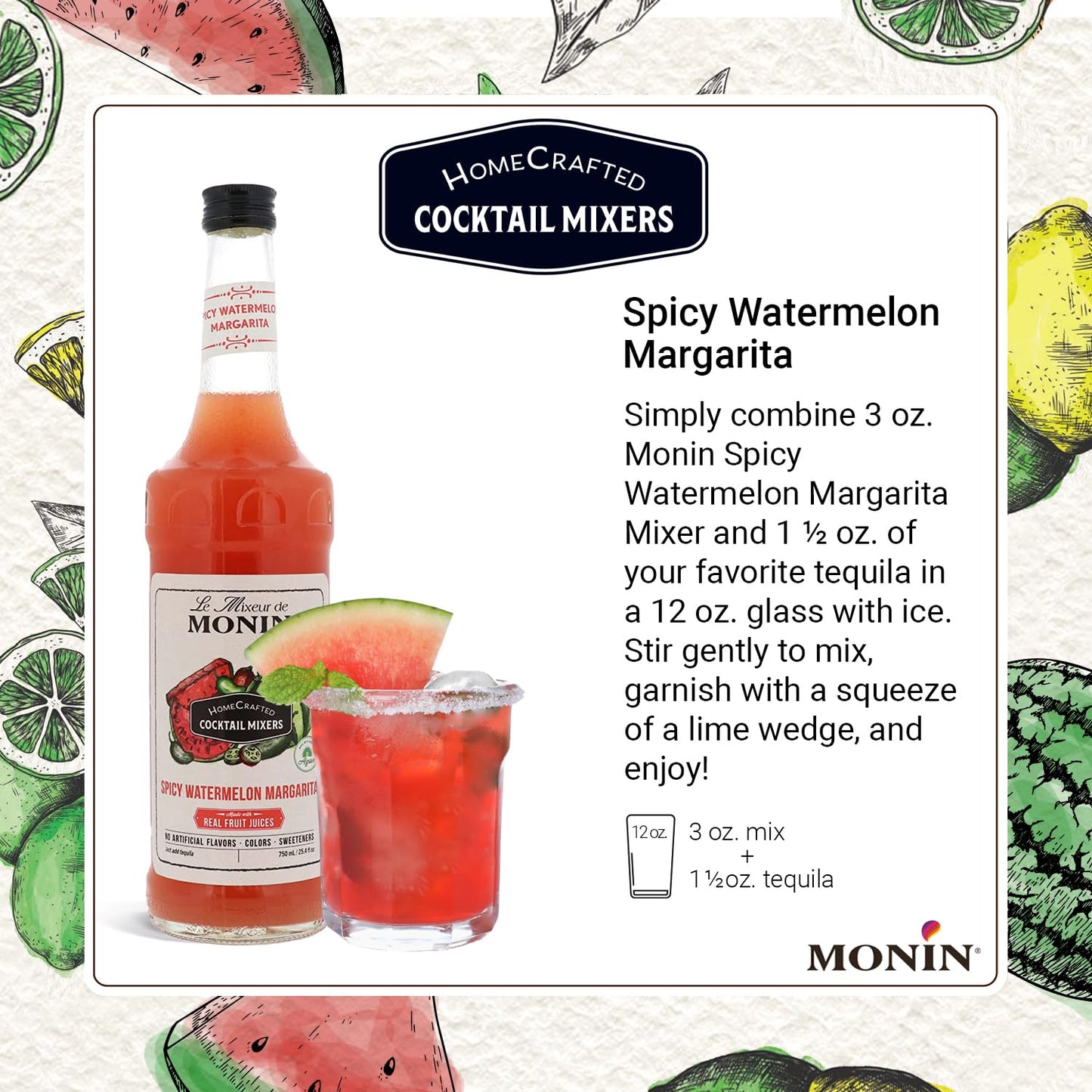 Monin - HomeCrafted Spicy Watermelon Margarita Cocktail Mixer, Ready-to-Use Drink Mix, Just Add Tequila, Refreshingly Sweet & Spicy Cocktail Mix, Perfect for Cocktails & Frozen Beverages (750mL) - Case 1