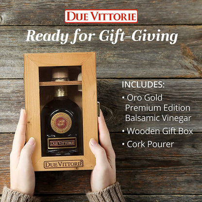 Due Vittorie Oro Gold Premium Edition Balsamic Vinegar Gift Set With Cork Pourer and Wooden Gift Box - Oak Barrel Aged Balsamic Vinegar of Modena - 8.45 fl oz - Case 1