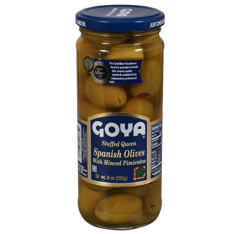 Goya Foods Stuffed Queen Spanish Olives with Minced Pimientos, 9 Ounce - Case 1